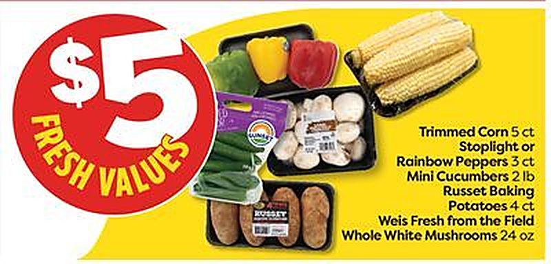Trimmed Corn 5 ct Stoplights or Rainbow Peppers 3 ct, Mini Cucumbers 2 lb Russet Baking Potatoes 4.5 lb, Weis Fresh from the Field Whole White Mushrooms 24 oz - Weis Markets weekly ad deal