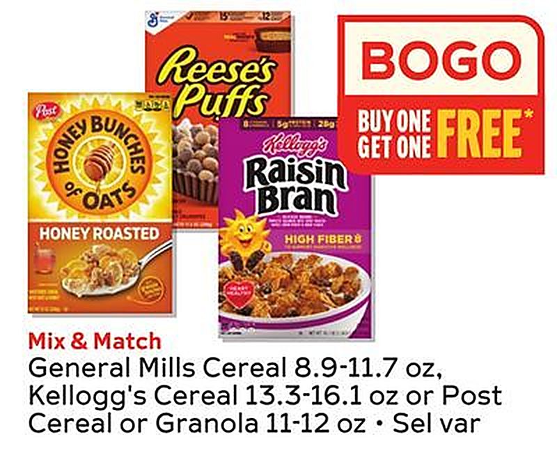 General Mills Cereal 8.9-11.7 oz, Kellogg's Cereal 13.3-16.1 oz or Post Cereal or Granola 11-12 oz