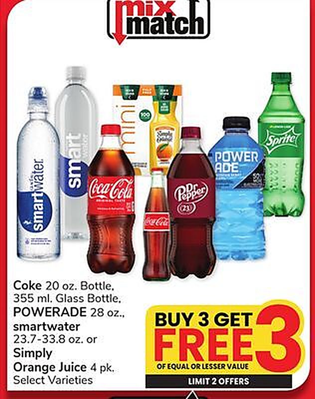 Coke 20 oz. Bottle, 355 ml. Glass Bottle, POWERADE 28 oz., smartwater 23.7-33.8 oz. or Simply Orange Juice 4 pk.