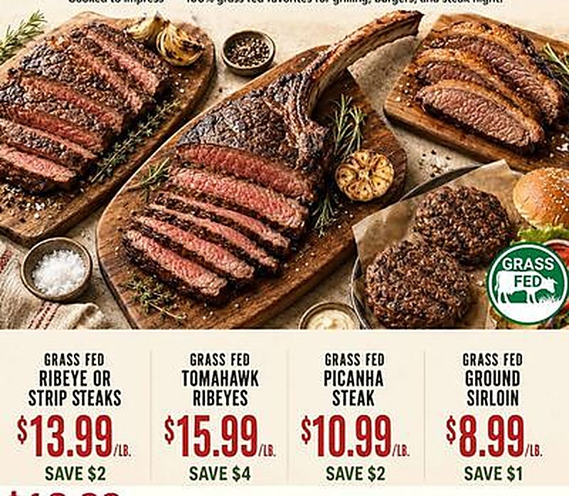 GRASS FED RIBEYE OR STRIP STEAKS, GRASS FED TOMAHAWK RIBEYES, GRASS FED PICANHA STEAK, GRASS FED GROUND SIRLOIN - Earth Fare weekly ad deal