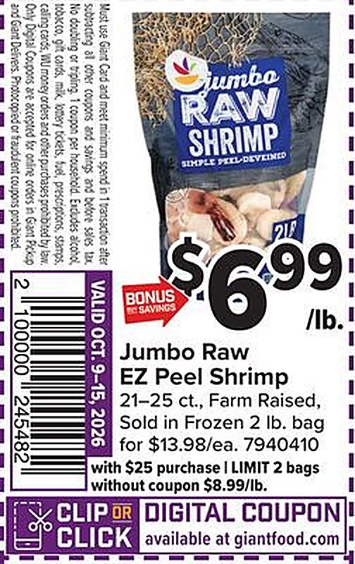 Jumbo Raw 9-25 Peel Shrimp - Giant Food weekly ad deal