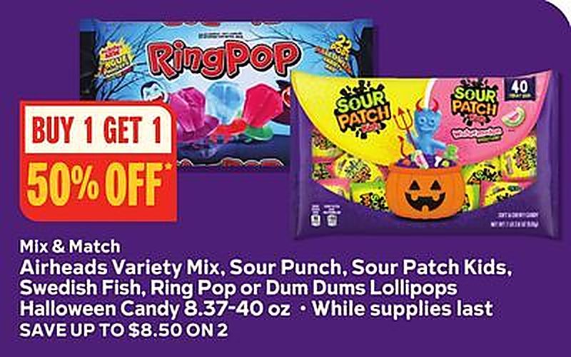 Airheads Variety Mix, Sour Punch, Sour Patch Kids, Swedish Fish, Ring Pop or Dum Dums Lollipops Halloween Candy