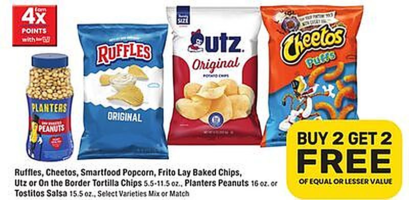 Ruffles, Cheetos, Smartfood Popcorn, Frito Lay Baked Chips, Utz or On the Border Tortilla Chips 5.5-11.5 oz., Planters Peanuts 16 oz. or Tostitos Salsa 15.5 oz.