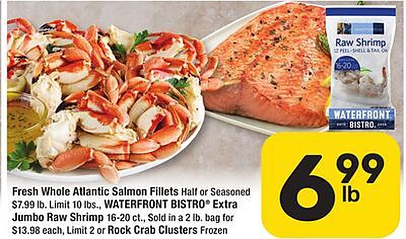Fresh Whole Atlantic Salmon Fillets, WATERFRONT BISTRO® Extra Jumbo Raw Shrimp or Rock Crab Clusters - Randalls weekly ad deal
