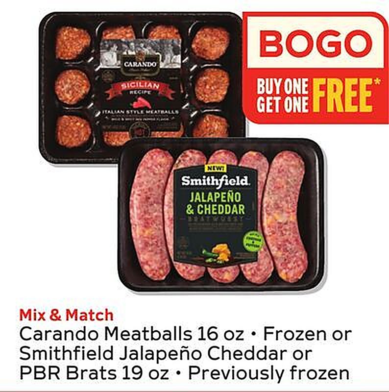 Carando Meatballs 16 oz - Frozen or Smithfield Jalapeño Cheddar or PBR Brats 19 oz - Previously frozen