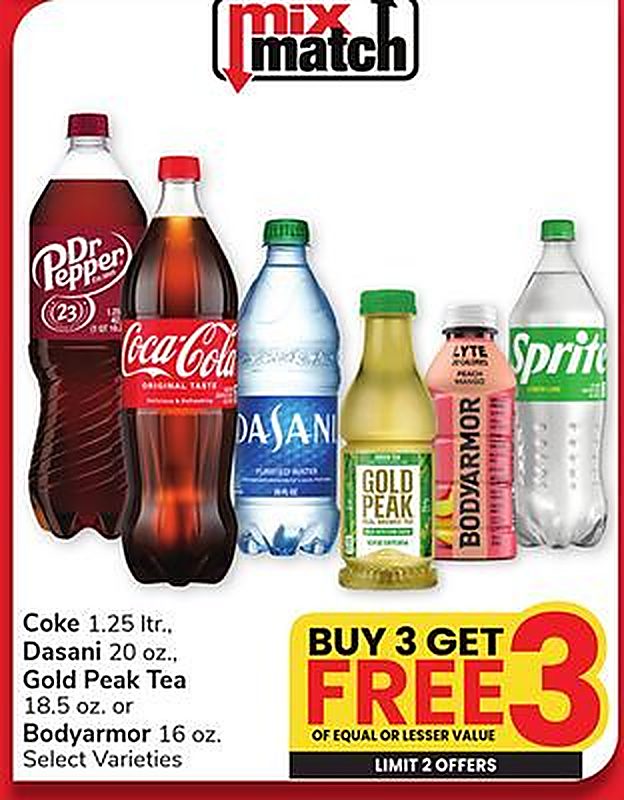 Coke 1.25 ltr., Dasani 20 oz., Gold Peak Tea 18.5 oz. or Bodyarmor 16 oz.