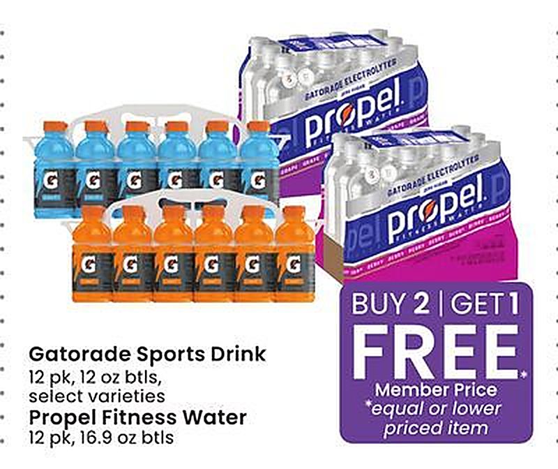 Gatorade Sports Drink 12 pk, 12 oz btls, select varieties Propel Fitness Water 12 pk 16 9 oz