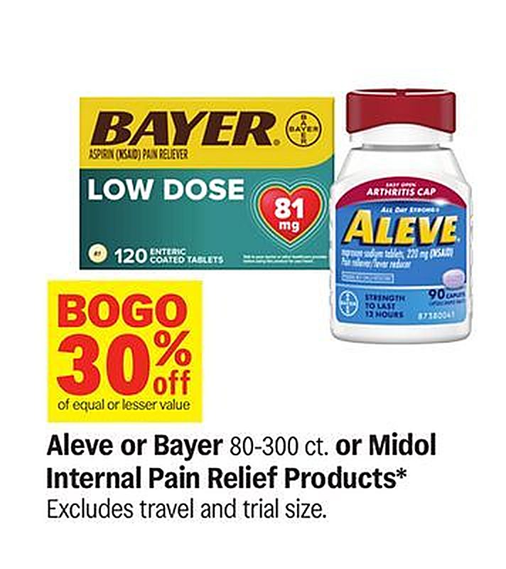 Aleve or Bayer 80-300 ct. or Midol Internal Pain Relief Products