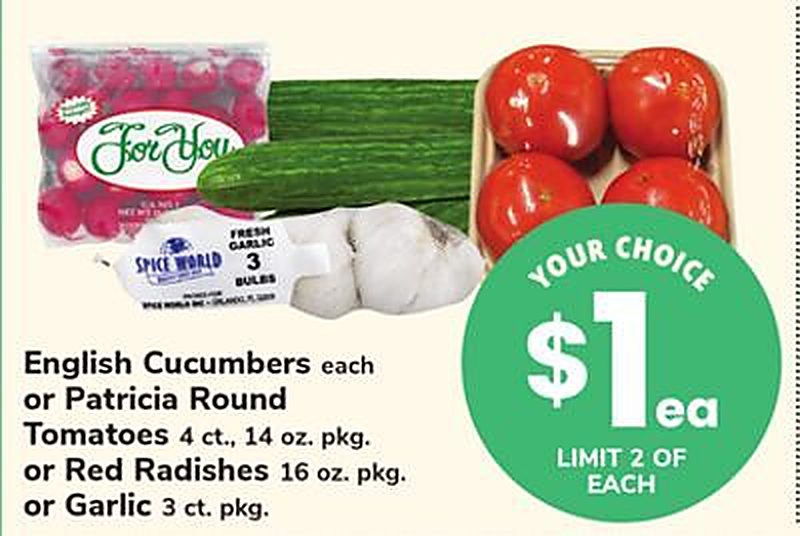 English Cucumbers each or Patricia Round Tomatoes 4 ct., 14 oz. pkg. or Red Radishes 16 oz. pkg. or Garlic 3 ct. pkg. - Acme Markets weekly ad deal