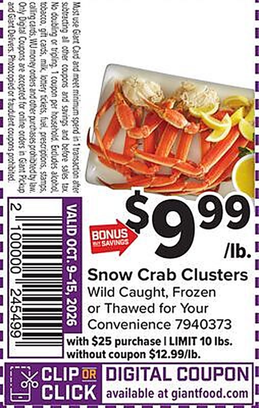 Snow Crab Clusters - Giant Food weekly ad deal