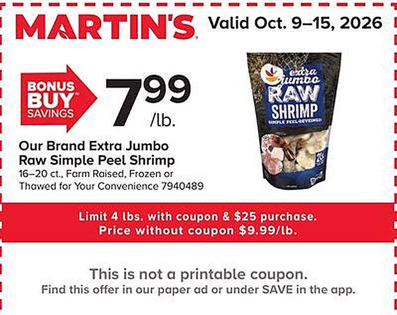 Our Brand Extra Jumbo Raw Simple Peel Shrimp - Martin's Foods weekly ad deal