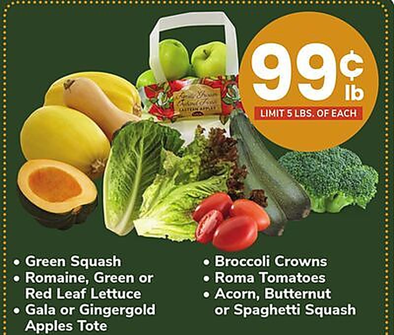 Green Squash, Romaine, Green or Red Leaf Lettuce, Gala or Gingergold Apples Tote, Broccoli Crowns, Roma Tomatoes, Acorn, Butternut or Spaghetti Squash - Safeway weekly ad deal