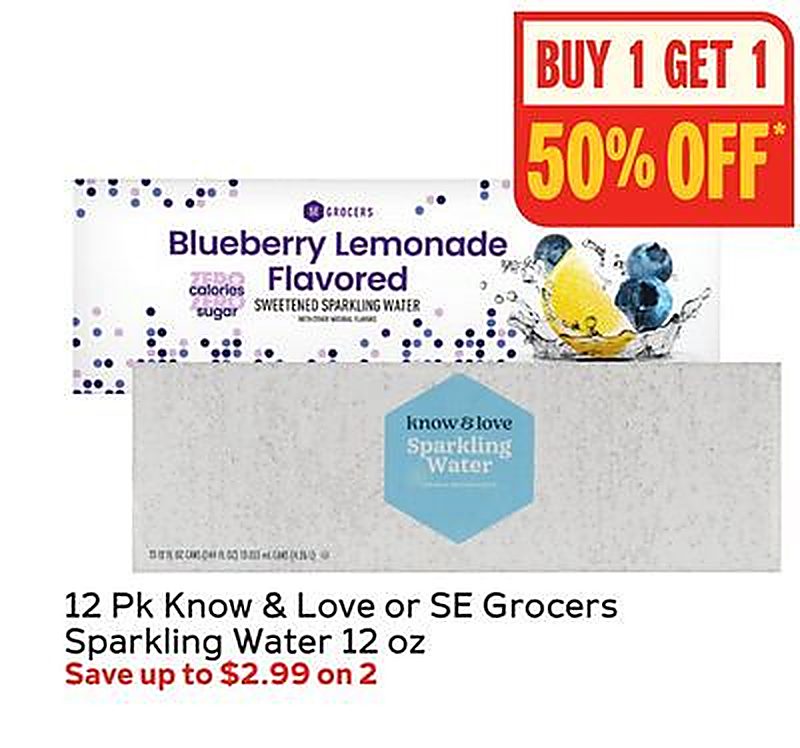 12 Pk Know & Love or SE Grocers Sparkling Water 12 oz
