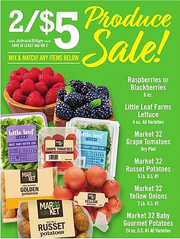 Raspberries or Blackberries 6 oz. Little Leaf Farms Lettuce 4 oz. All Varieties Market 32 Grape Tomatoes Dry Pint Market 32 Russet Potatoes 5 Lb. U.S. #1 Market 32 K Yellow Onions 2 Lb. U.S. #1 Market 32 Baby Gourmet Potatoes 24 oz. U.S. #1 All Varieties - Price Chopper weekly ad deal