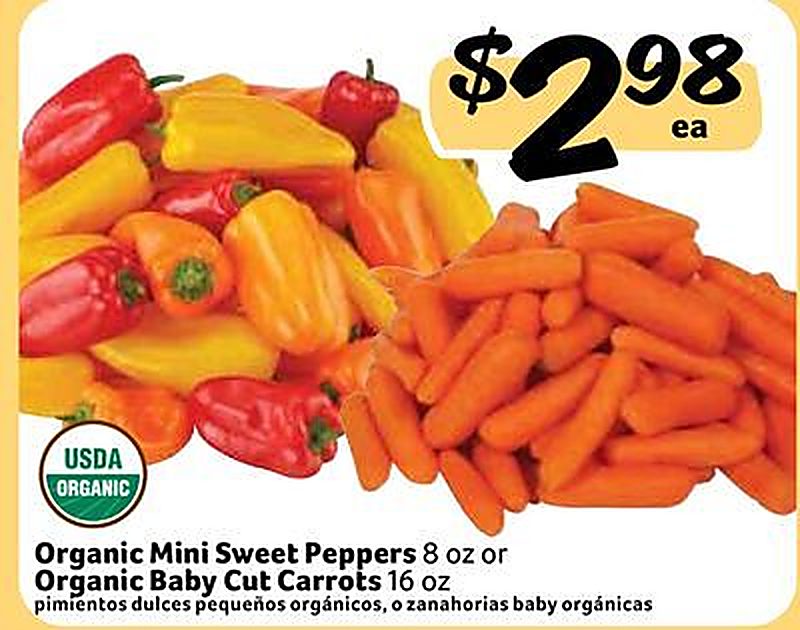 Organic Mini Sweet Peppers or Organic Baby Cut Carrots / pimientos dulces pequeños orgánicos, o zanahorias baby orgánicas - Fresco Y Mas weekly ad deal