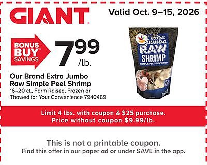 Our Brand Extra Jumbo Raw Simple Peel Shrimp - Giant Food Stores weekly ad deal
