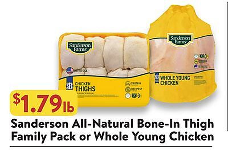 Sanderson All-Natural Bone-In Thigh Family Pack or Whole Young Chicken - Fresh Thyme Market weekly ad deal