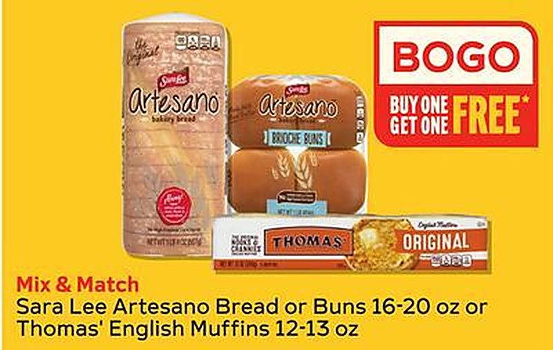 Sara Lee Artesano Bread or Buns 16-20 oz or Thomas' English Muffins 12-13 oz
