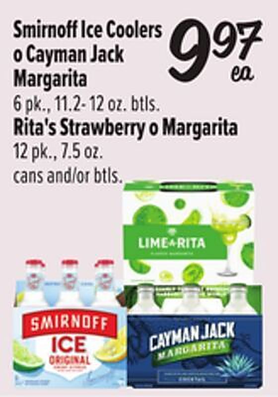 Smirnoff Ice Coolers o Cayman Jack Margarita or Rita's Strawberry o Margarita - Fiesta Mart weekly ad deal