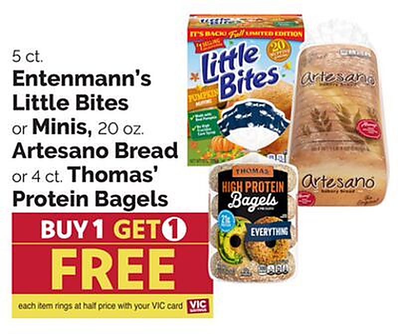 Entenmann's Little Bites or Minis, 20 oz. Artesano Bread or 4 ct. Thomas' Protein Bagels