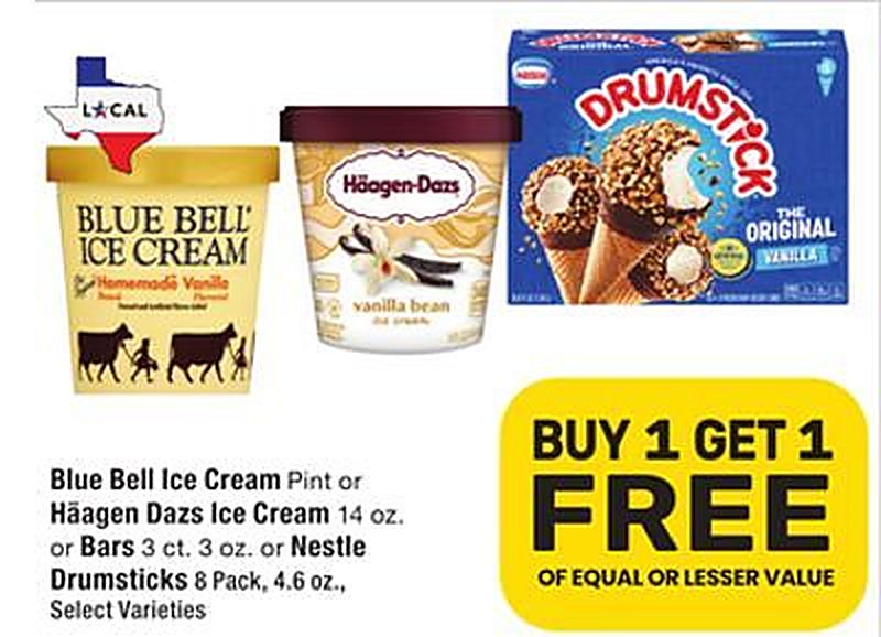 Blue Bell Ice Cream Pint or Häagen Dazs Ice Cream 14 oz. or Bars 3 ct. 3 oz. or Nestle Drumsticks 8 Pack, 4.6 oz.,