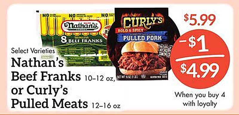 Nathan's Beef Franks or Curly's Pulled Meats - Remke Markets weekly ad deal