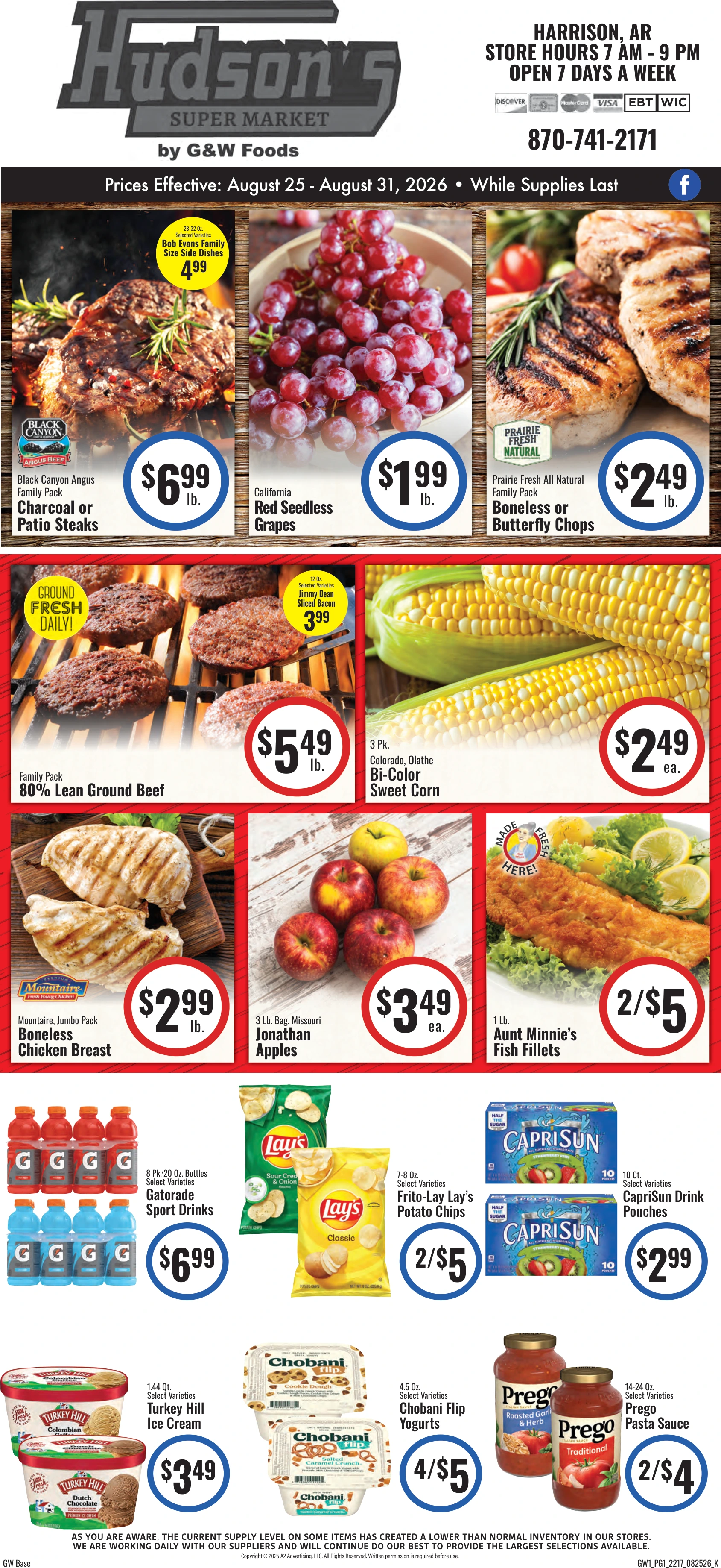 GW Foods - Hudson's Super Market Hudson’s Super Market - Harrison, AR - Weekly Ad for Aug 25th Valid thru Sep 7th, 2026 - Page 1