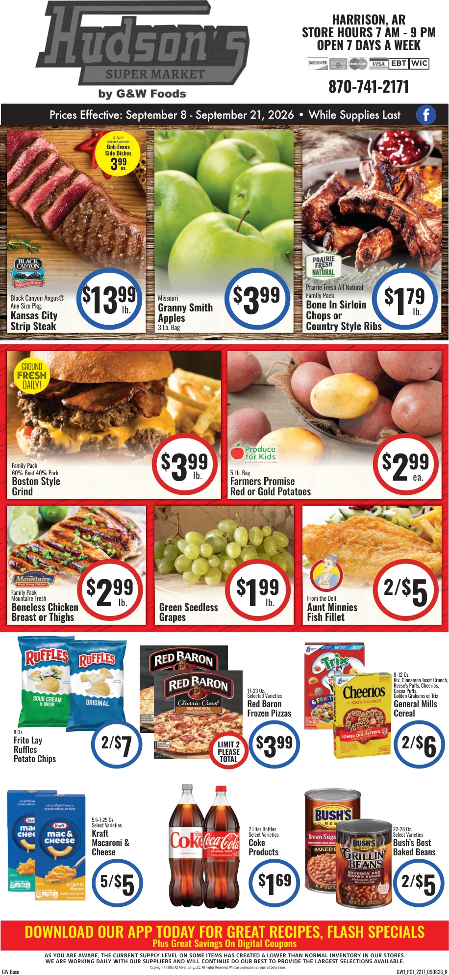 GW Foods - Hudson's Super Market Hudson’s Super Market - Harrison, AR - Weekly Ad for Sep 8th Valid thru Sep 21st, 2026 - Page 1