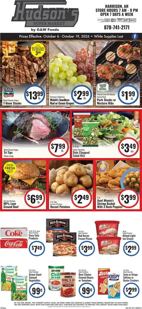 Hudson’s Super Market - Harrison, AR - Weekly Ad for Oct 6th Valid thru Oct 19th, 2026