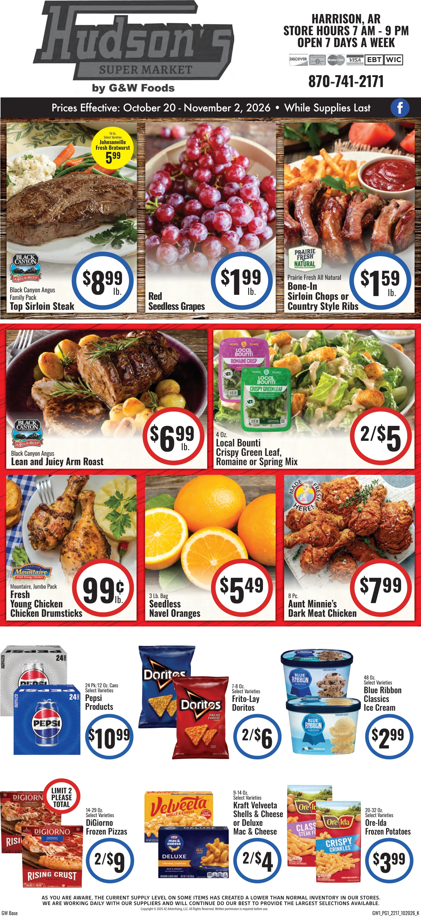 GW Foods - Hudson's Super Market Hudson’s Super Market - Harrison, AR - Weekly Ad for Oct 20th Valid thru Nov 2nd, 2026 - Page 1