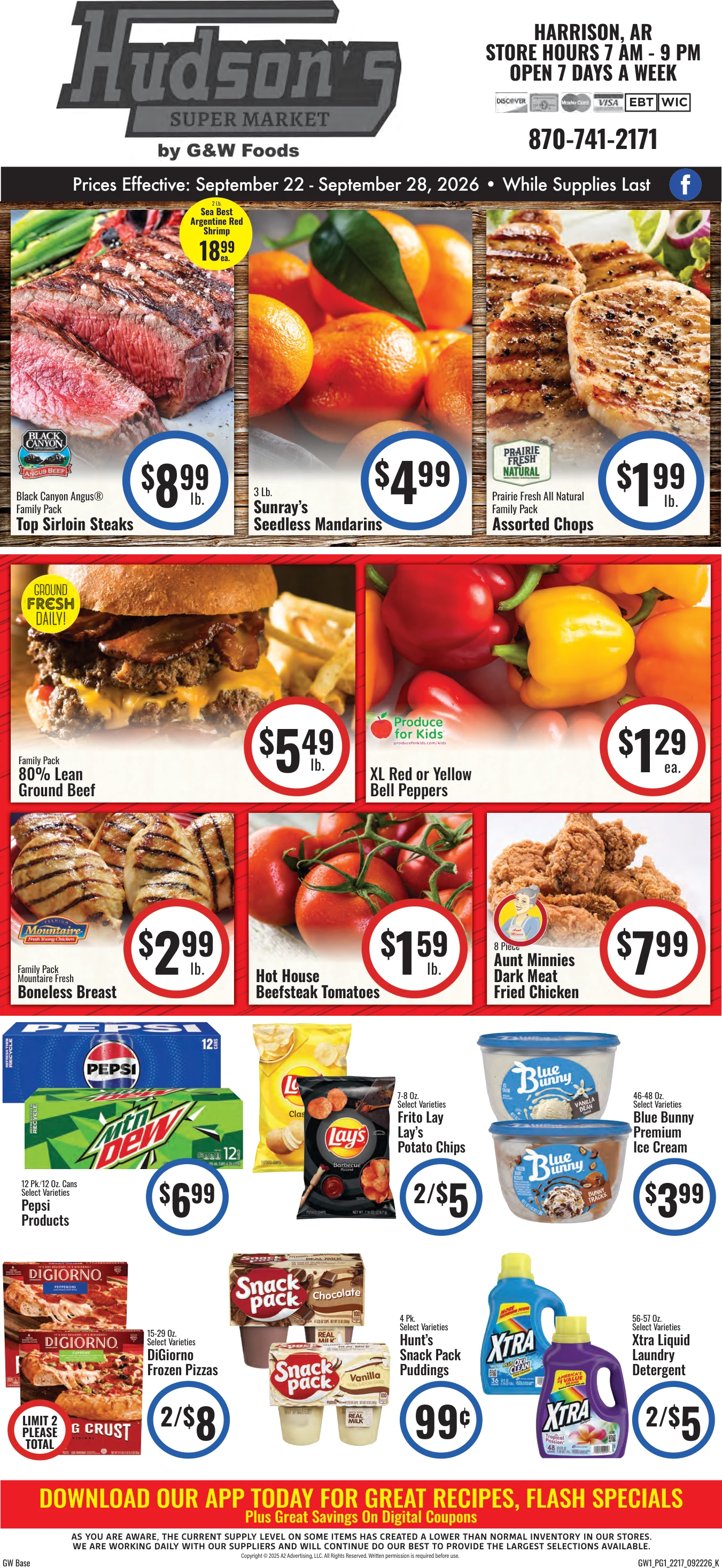 GW Foods - Hudson's Super Market Hudson’s Super Market - Harrison, AR - Weekly Ad for Sep 22nd Valid thru Oct 5th, 2026 - Page 1