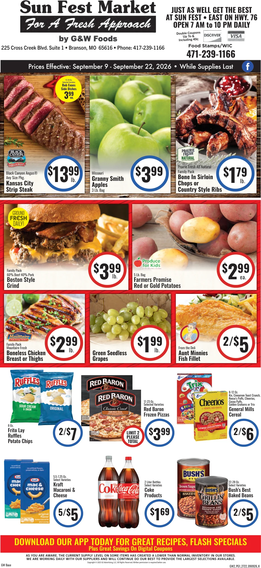 GW Foods - Sun Fest Market Sun Fest Market - Branson, MO - Weekly Ad for Sep 9th Valid thru Sep 22nd, 2026 - Page 1