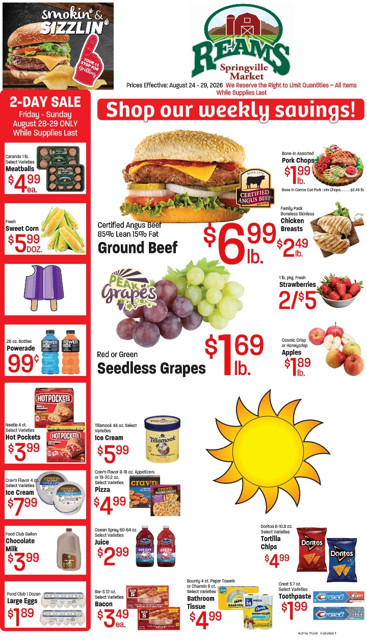 Ream's Springville Market Springville Reams #1290 Weekly Ad August 24-29, 2026 - Page 1