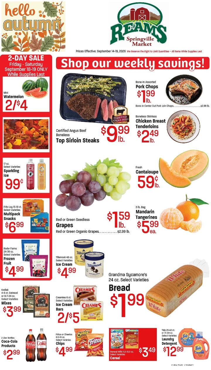 Ream's Springville Market REAMS SPRINGVILLE MARKET - WEEKLY AD SEPTEMBER 14-19, 2026 - Page 1
