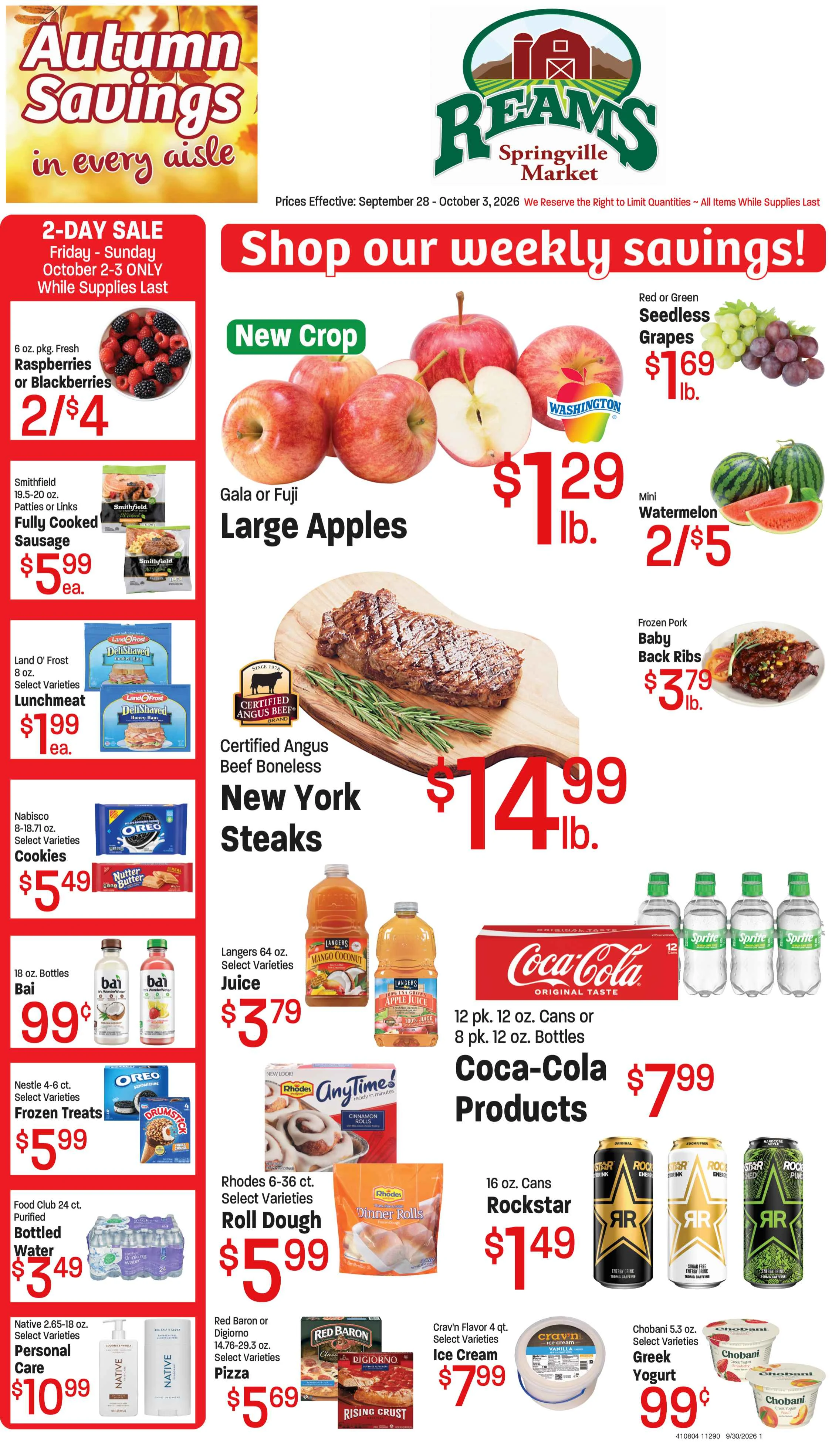 Ream's Springville Market Reams Springville Market - Weekly Ad September 28 thru October 3, 2026 - Page 1